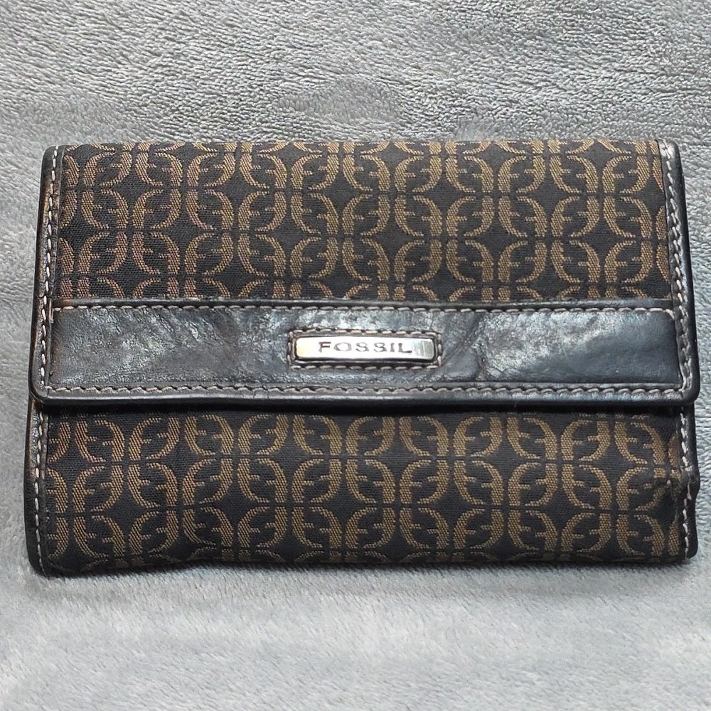 FOSSIL Trifold Brown Wallet Canvas Leather Signature Organizer SL8000
